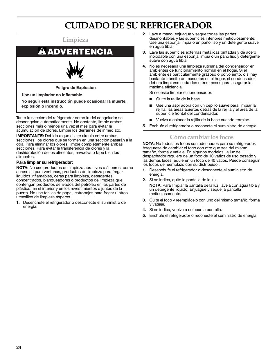 Cuidado de su refrigerador, Advertencia, Limpieza | Cómo cambiar los focos | KITCHENAID W10162467A User Manual | Page 24 / 47