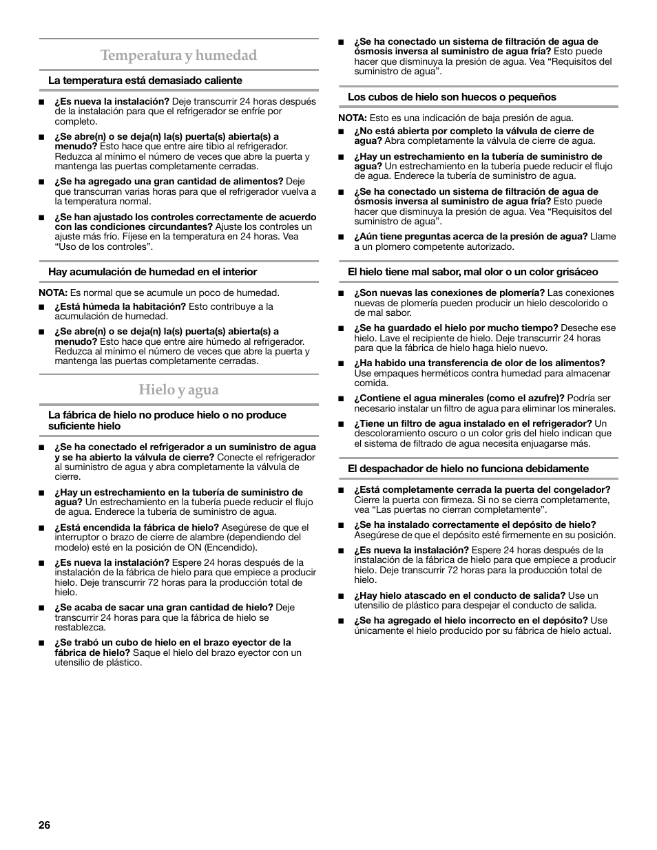 Temperatura y humedad, Hielo y agua | KITCHENAID W10162467A User Manual | Page 26 / 47