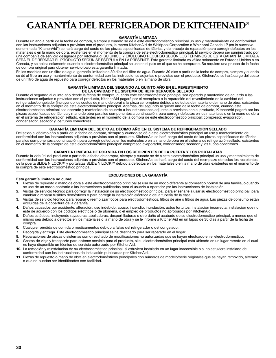 Garantía del refrigerador de kitchenaid | KITCHENAID W10162467A User Manual | Page 30 / 47