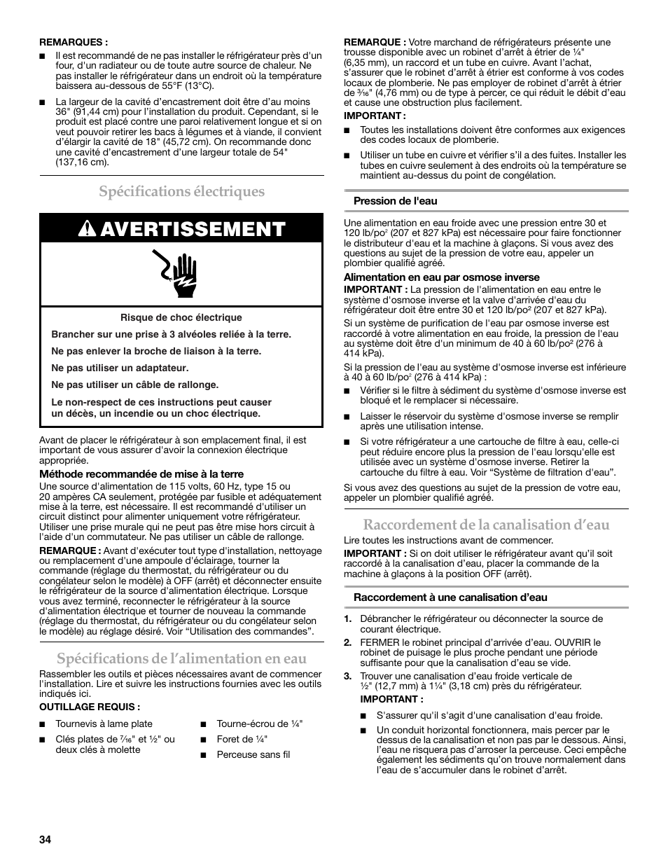 Avertissement, Spécifications électriques, Spécifications de l’alimentation en eau | Raccordement de la canalisation d’eau | KITCHENAID W10162467A User Manual | Page 34 / 47