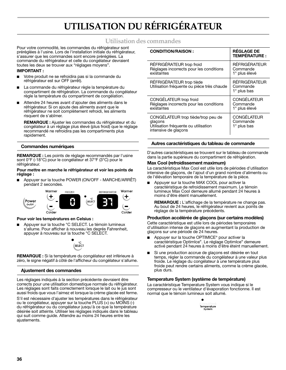 Utilisation du réfrigérateur, Utilisation des commandes | KITCHENAID W10162467A User Manual | Page 36 / 47