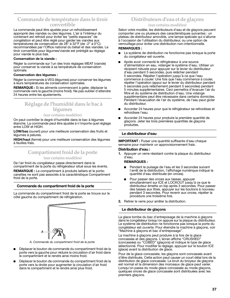 Commande de température dans le tiroir convertible, Réglage de l'humidité dans le bac à légumes, Compartiment froid de la porte | Distributeurs d'eau et de glaçons | KITCHENAID W10162467A User Manual | Page 37 / 47