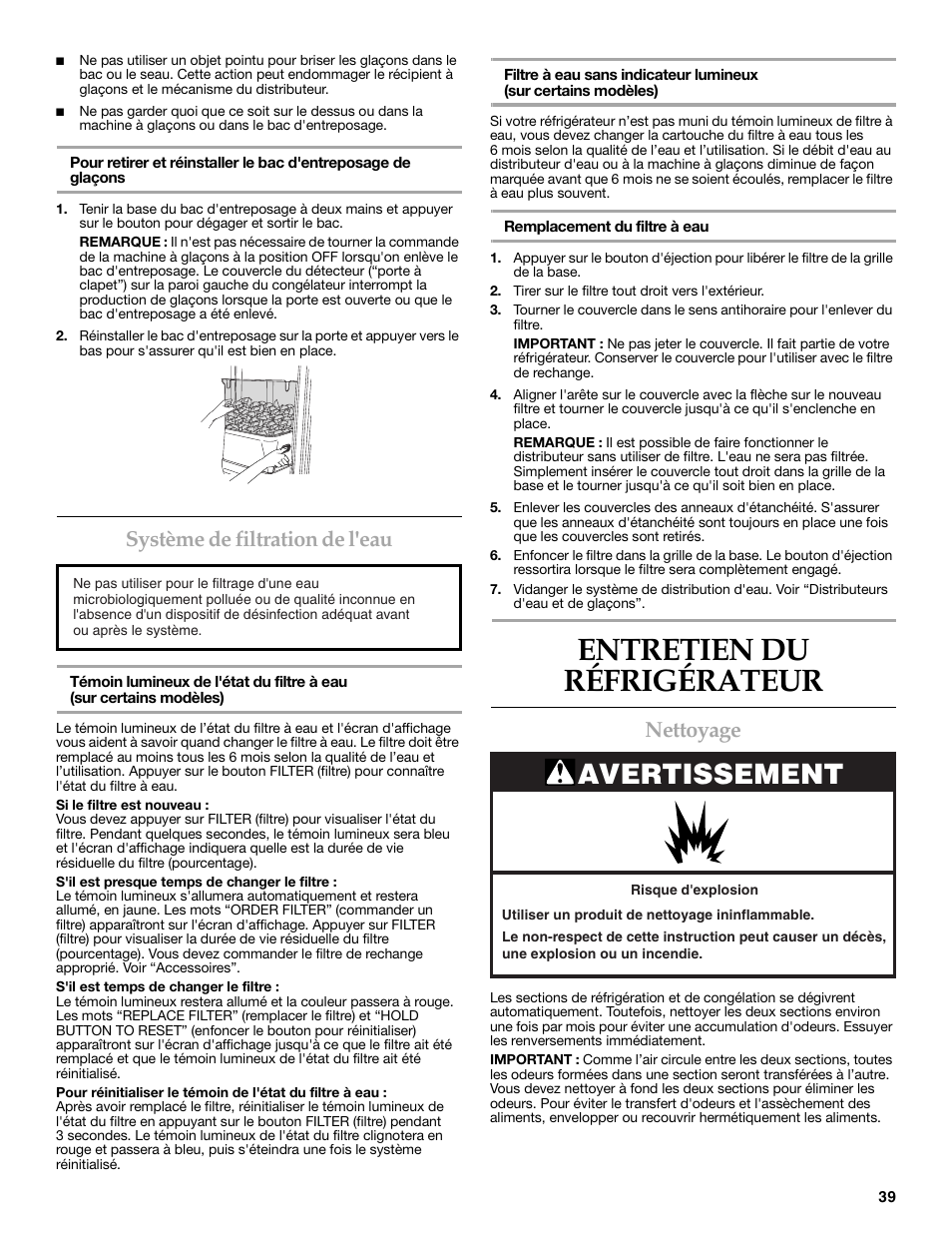 Entretien du réfrigérateur, Avertissement, Système de filtration de l'eau | Nettoyage | KITCHENAID W10162467A User Manual | Page 39 / 47