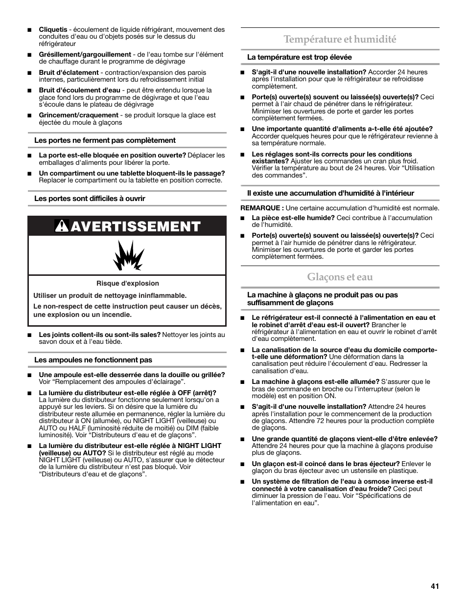 Avertissement, Température et humidité, Glaçons et eau | KITCHENAID W10162467A User Manual | Page 41 / 47