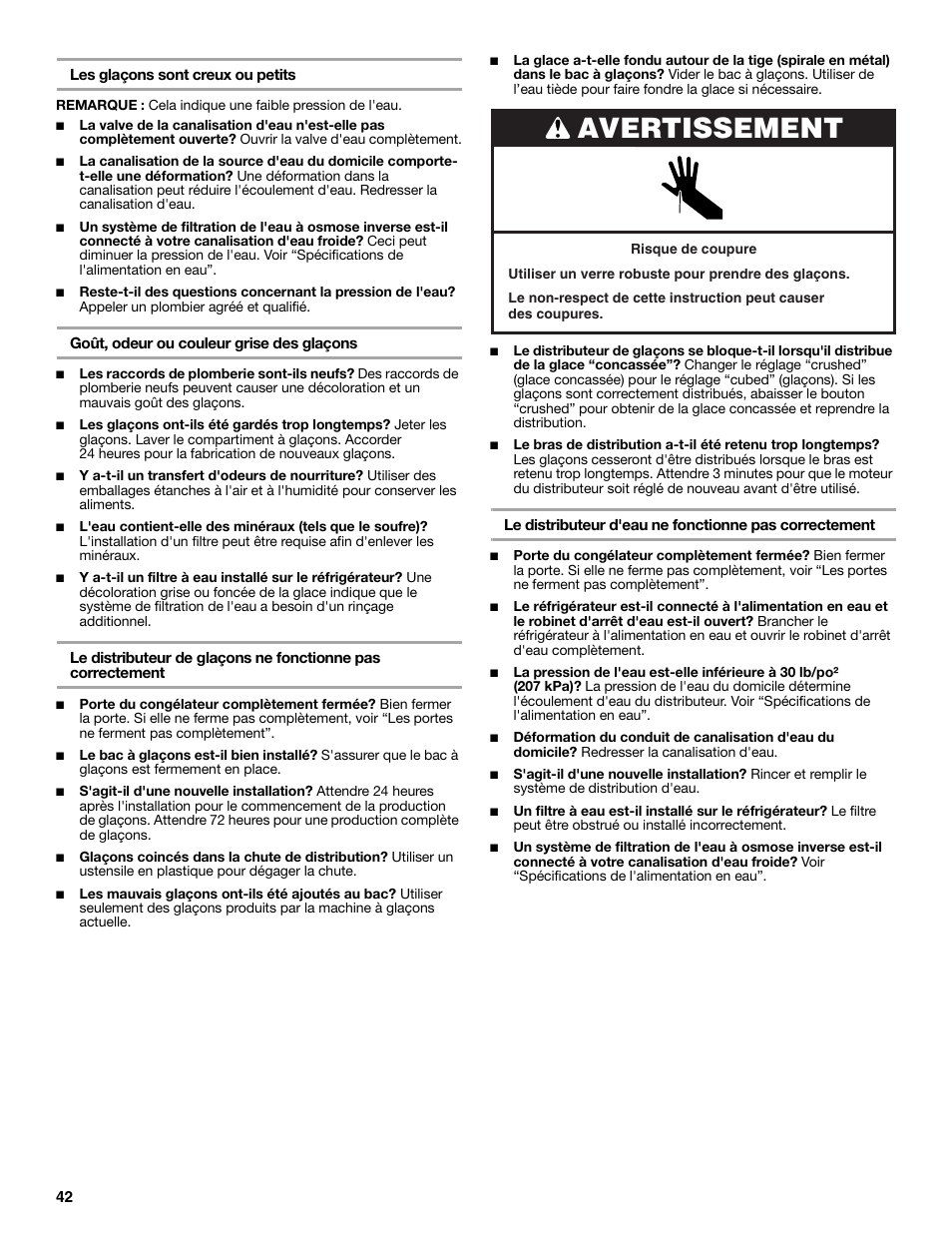 Avertissement | KITCHENAID W10162467A User Manual | Page 42 / 47