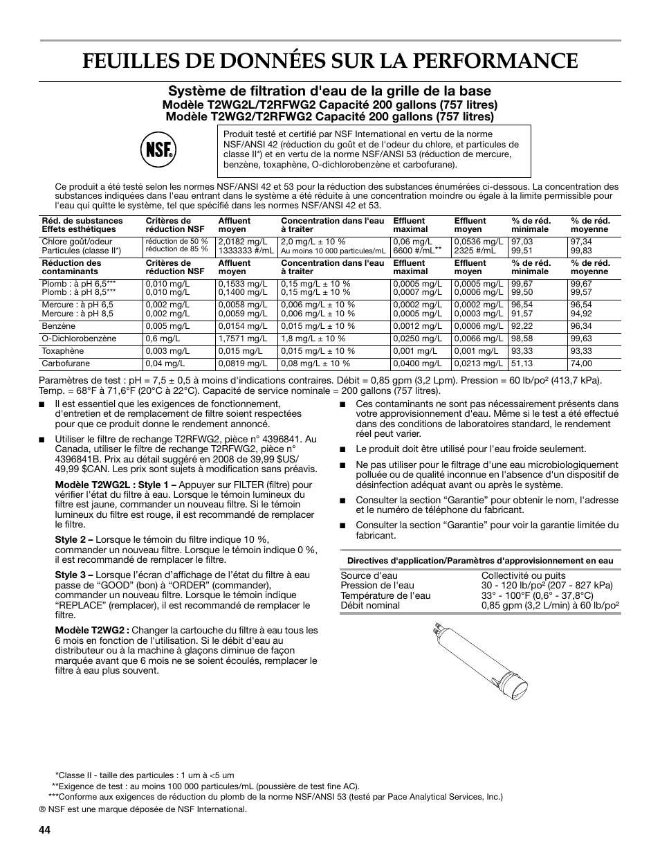 Feuilles de données sur la performance | KITCHENAID W10162467A User Manual | Page 44 / 47