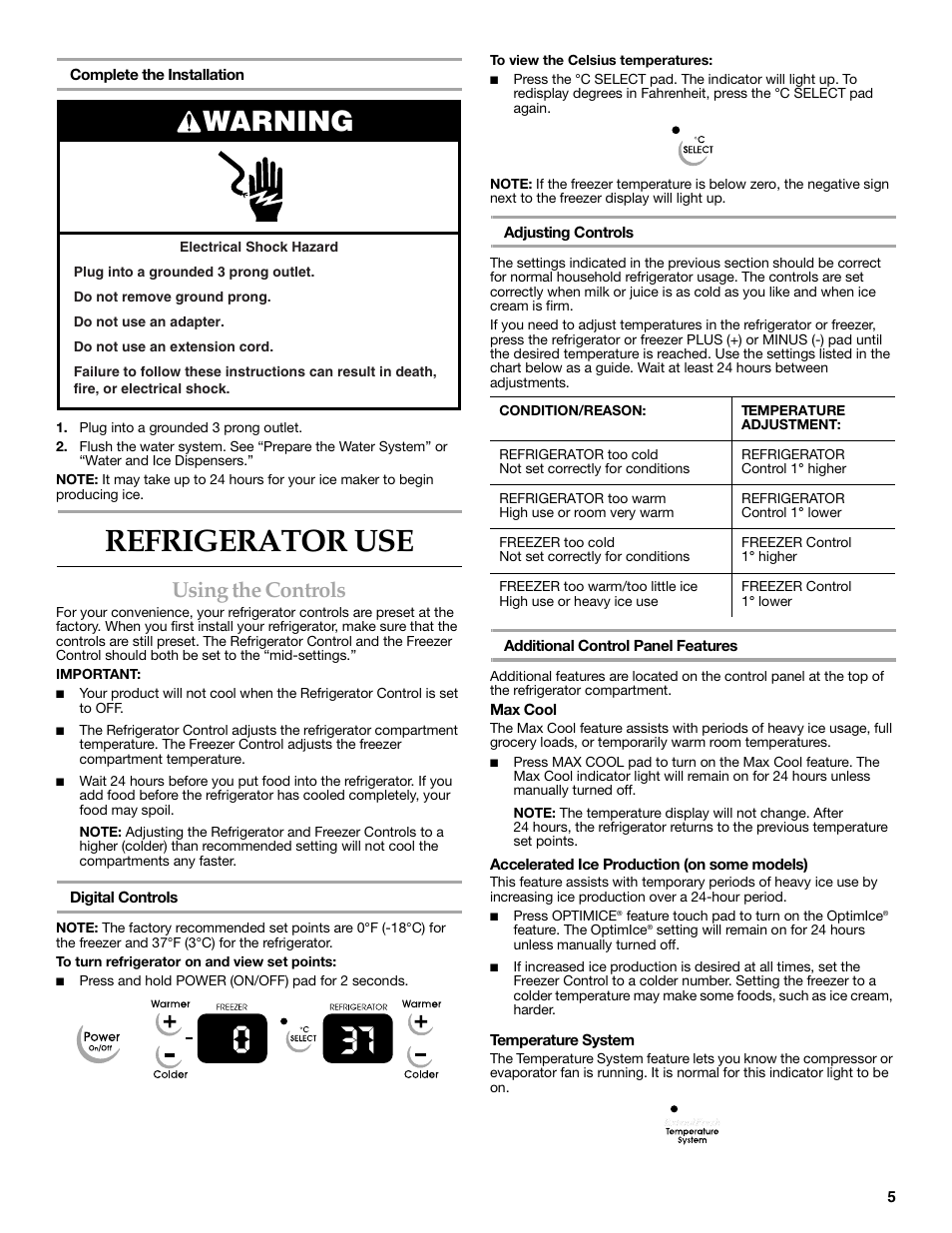 Refrigerator use, Warning, Using the controls | KITCHENAID W10162467A User Manual | Page 5 / 47