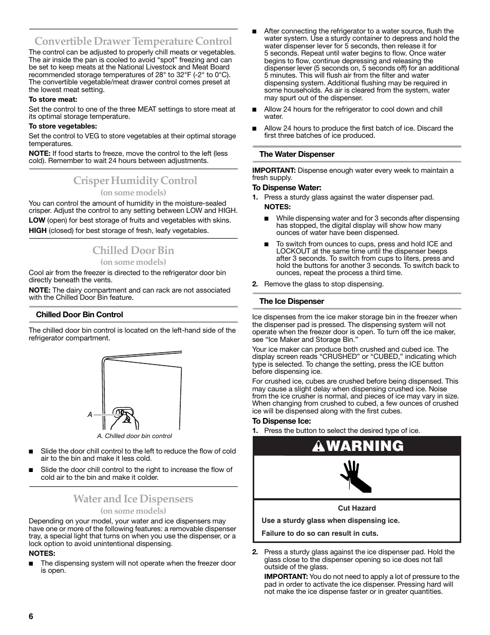 Warning, Convertible drawer temperature control, Crisper humidity control | Chilled door bin, Water and ice dispensers | KITCHENAID W10162467A User Manual | Page 6 / 47