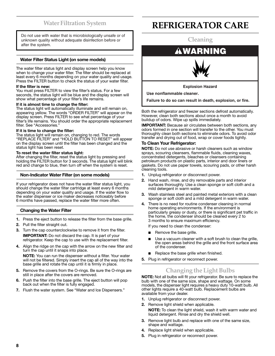 Refrigerator care, Warning, Water filtration system | Cleaning, Changing the light bulbs | KITCHENAID W10162467A User Manual | Page 8 / 47