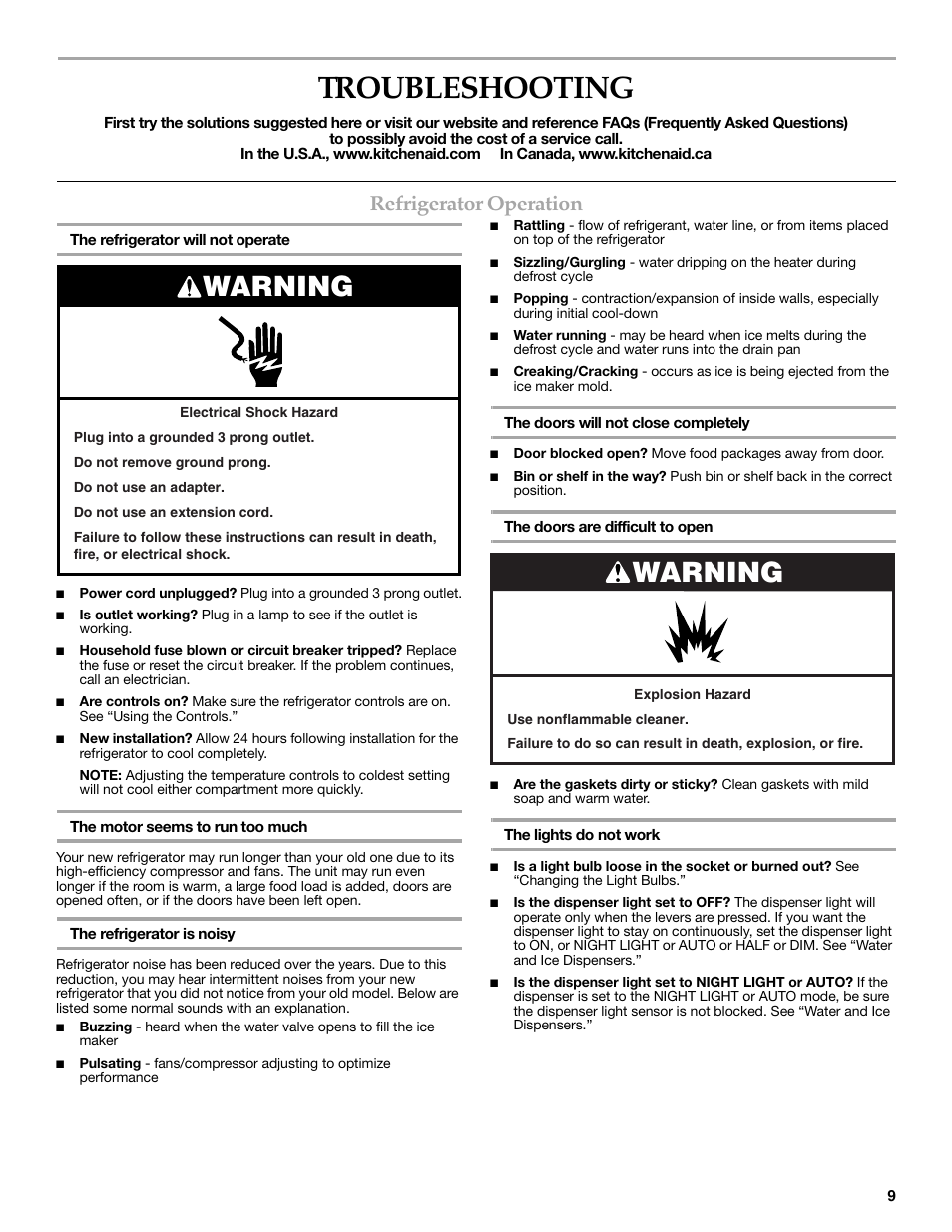 Troubleshooting, Warning, Refrigerator operation | KITCHENAID W10162467A User Manual | Page 9 / 47