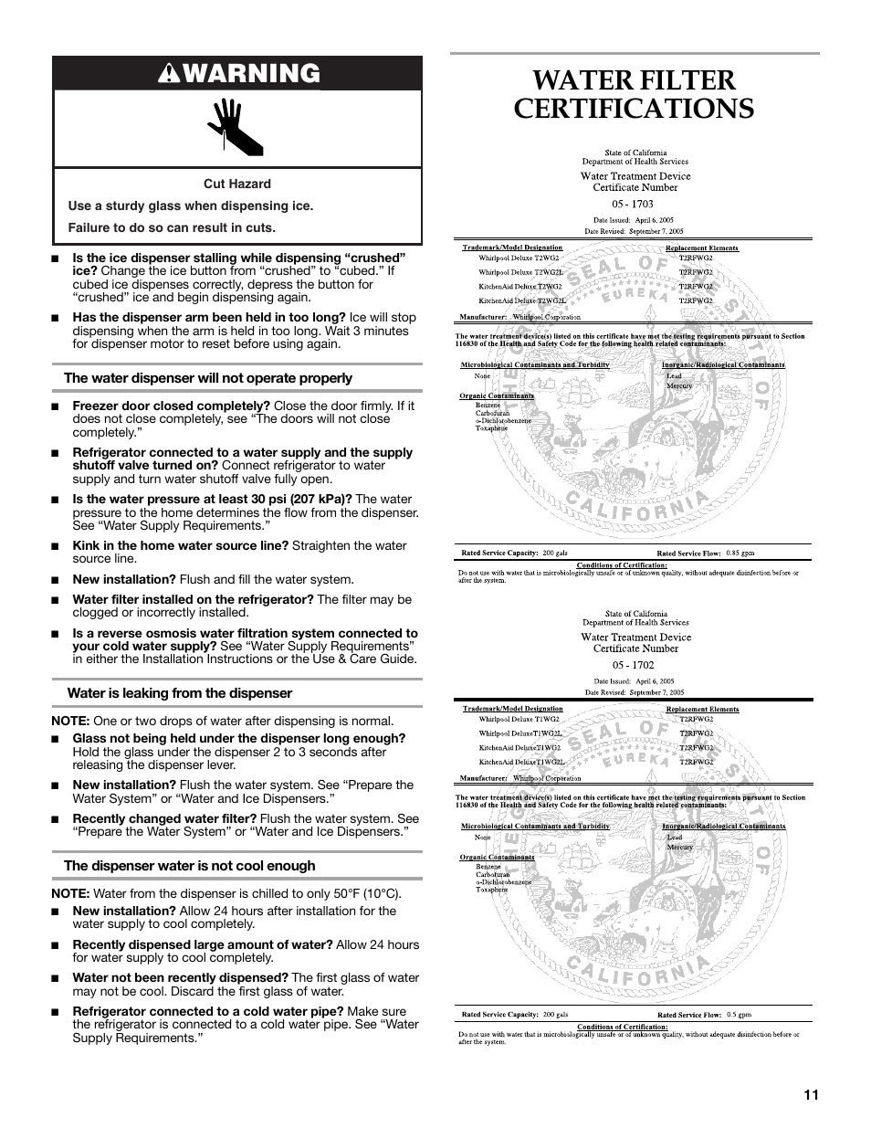 Water filter certifications, Warning | KITCHENAID 2318586 User Manual | Page 11 / 44