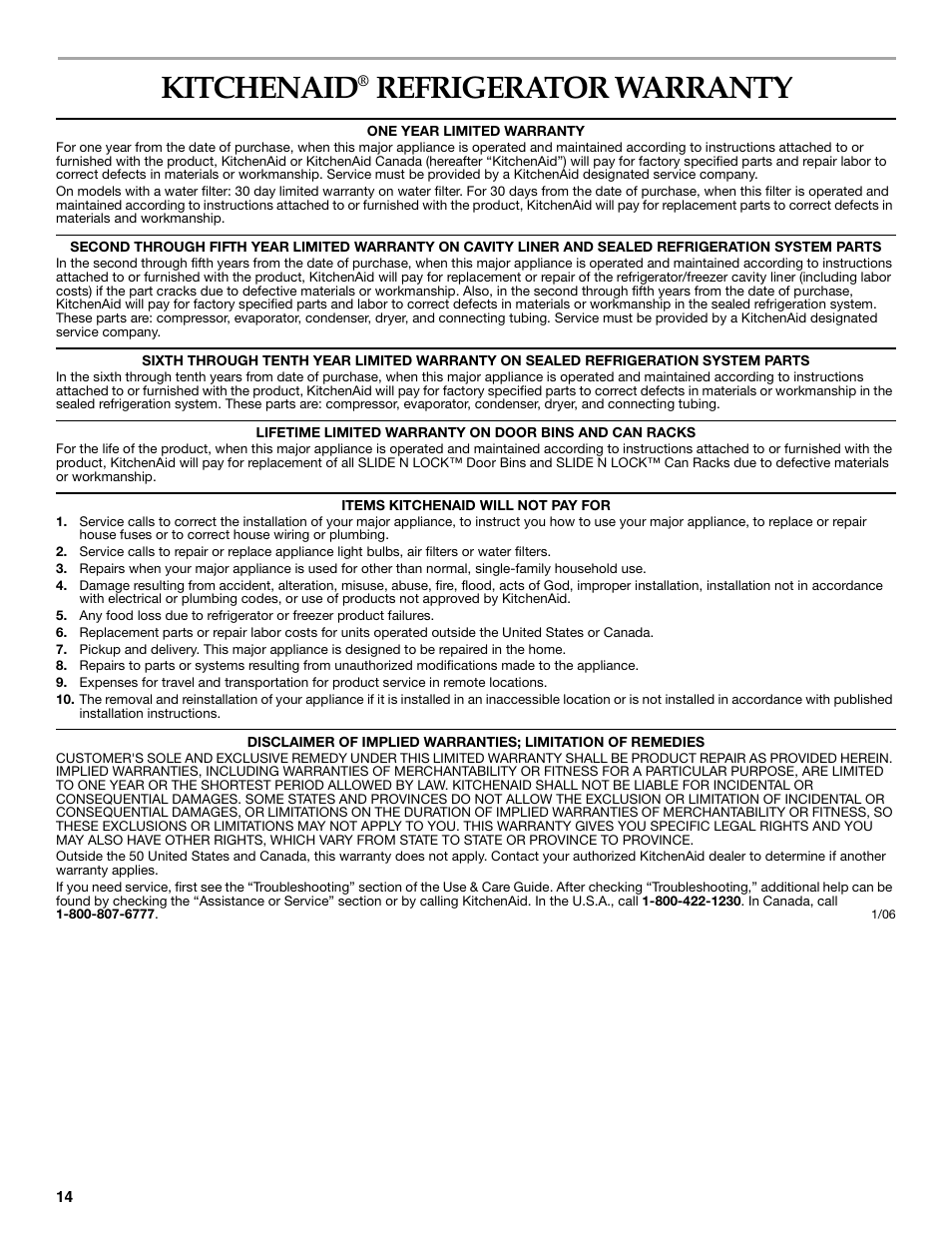 Kitchenaid, Refrigerator warranty | KITCHENAID 2318586 User Manual | Page 14 / 44