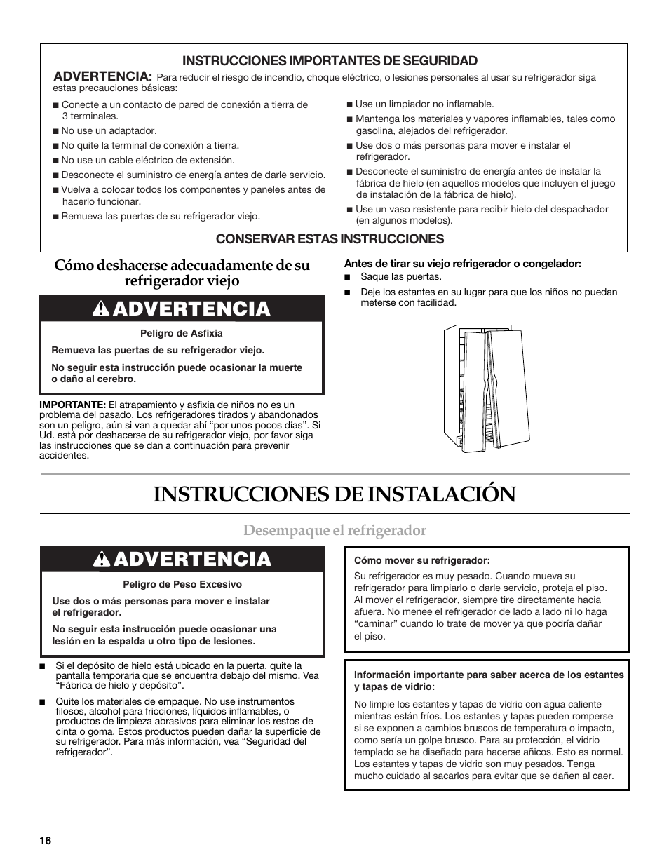 Instrucciones de instalación, Advertencia, Desempaque el refrigerador | KITCHENAID 2318586 User Manual | Page 16 / 44