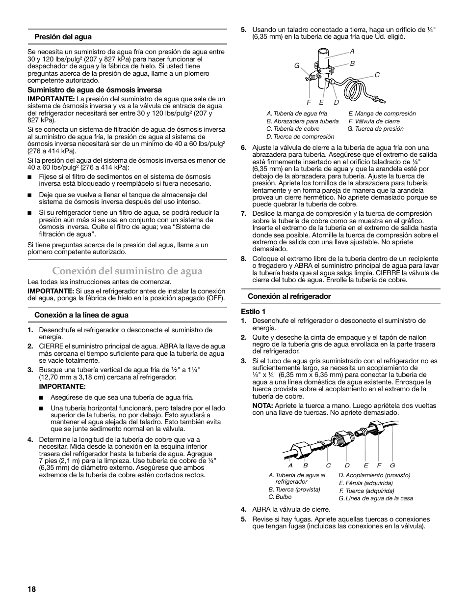 Conexión del suministro de agua | KITCHENAID 2318586 User Manual | Page 18 / 44