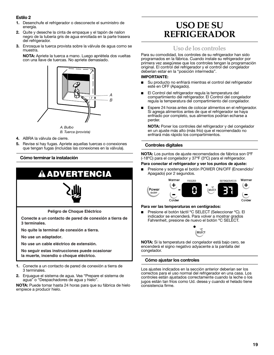 Uso de su refrigerador, Advertencia, Uso de los controles | KITCHENAID 2318586 User Manual | Page 19 / 44
