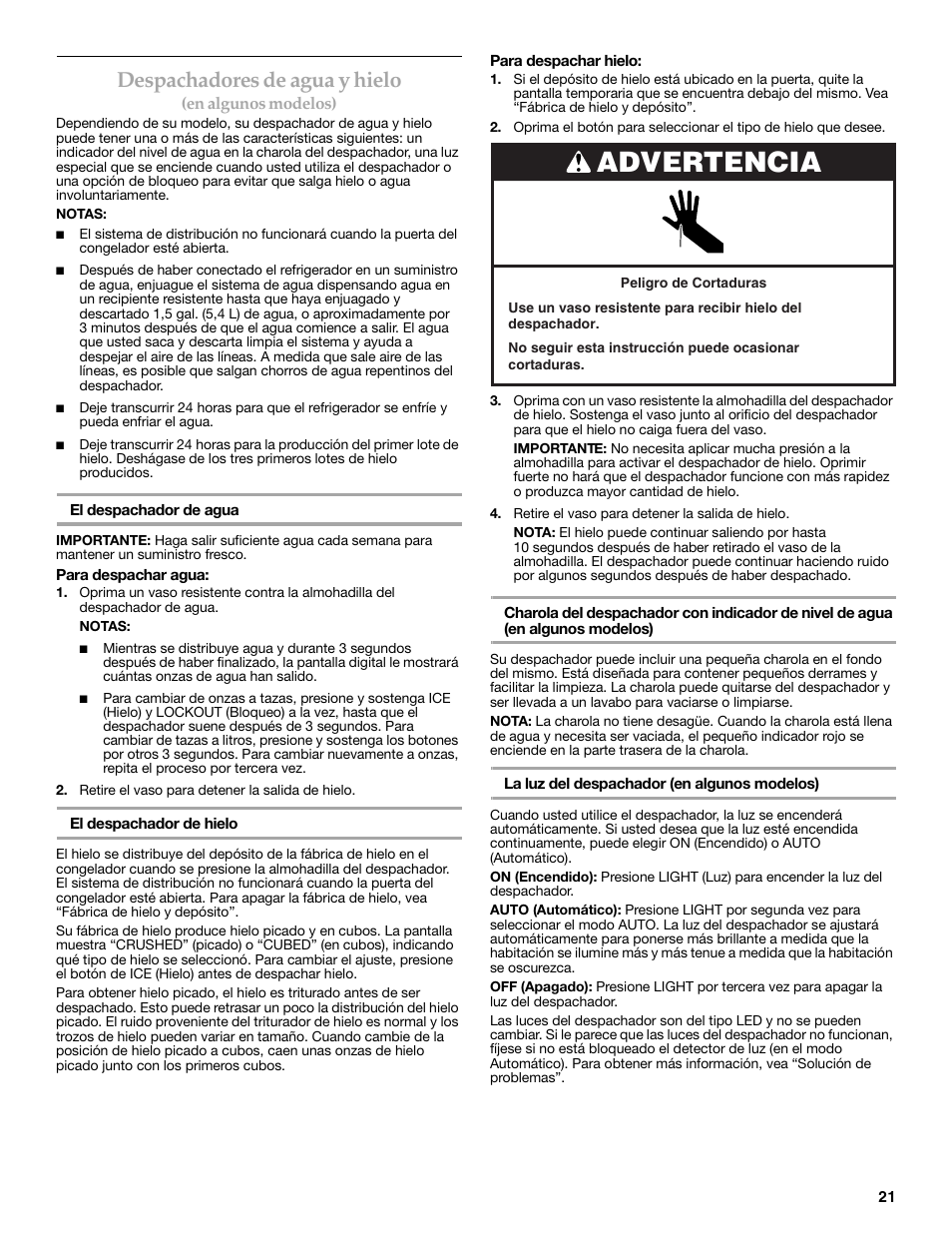 Advertencia, Despachadores de agua y hielo | KITCHENAID 2318586 User Manual | Page 21 / 44