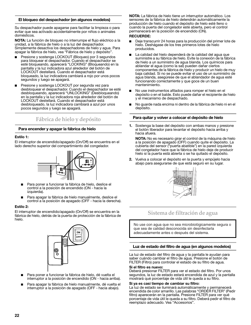 Fábrica de hielo y depósito, Sistema de filtración de agua | KITCHENAID 2318586 User Manual | Page 22 / 44