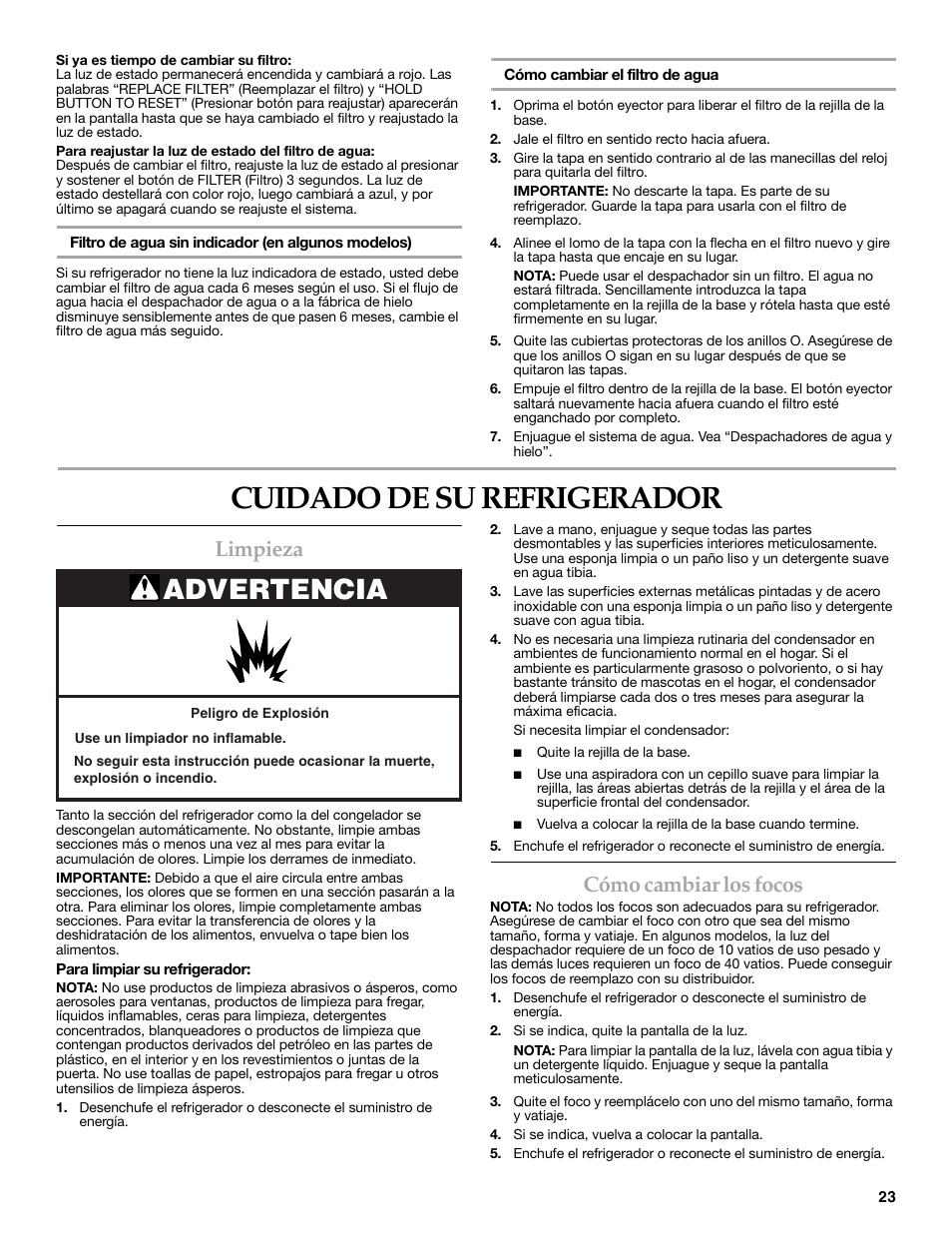 Cuidado de su refrigerador, Advertencia, Limpieza | Cómo cambiar los focos | KITCHENAID 2318586 User Manual | Page 23 / 44