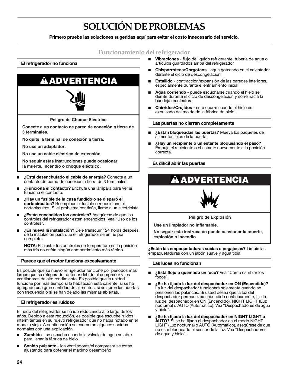 Solución de problemas, Advertencia, Funcionamiento del refrigerador | KITCHENAID 2318586 User Manual | Page 24 / 44