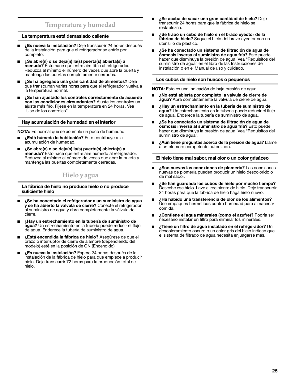 Temperatura y humedad, Hielo y agua | KITCHENAID 2318586 User Manual | Page 25 / 44