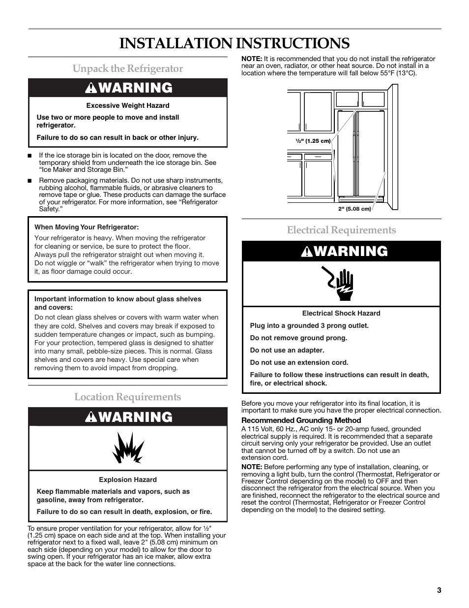 Installation instructions, Warning, Unpack the refrigerator | Location requirements, Electrical requirements | KITCHENAID 2318586 User Manual | Page 3 / 44