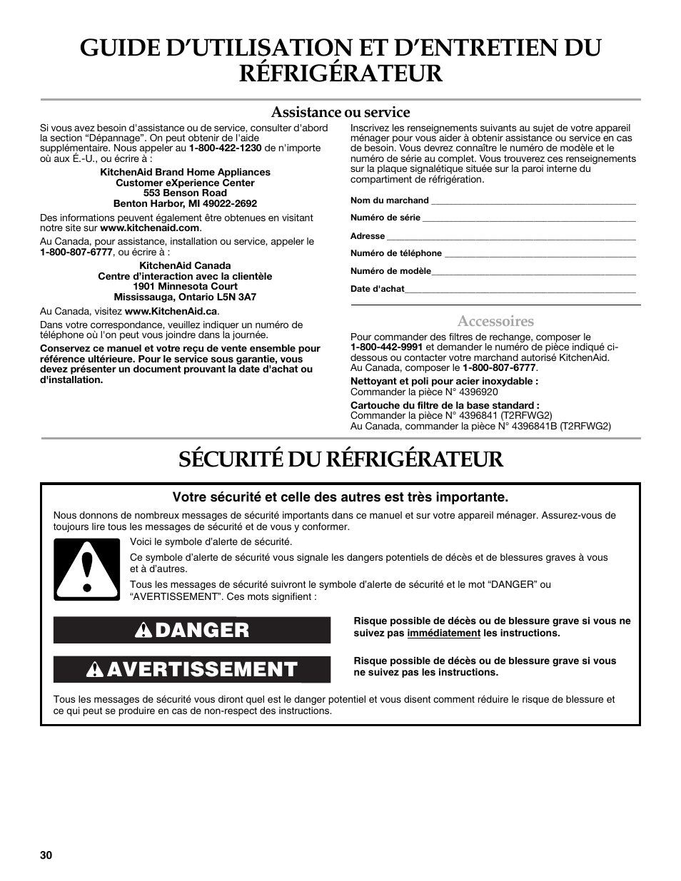 Sécurité du réfrigérateur, Avertissement danger, Assistance ou service | Accessoires | KITCHENAID 2318586 User Manual | Page 30 / 44