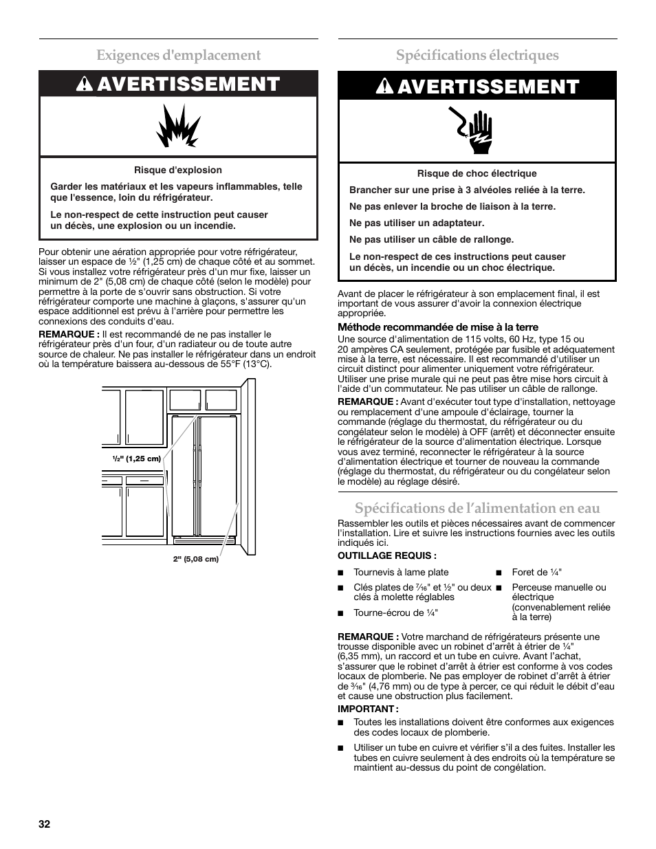 Avertissement, Exigences d'emplacement, Spécifications électriques | Spécifications de l’alimentation en eau | KITCHENAID 2318586 User Manual | Page 32 / 44