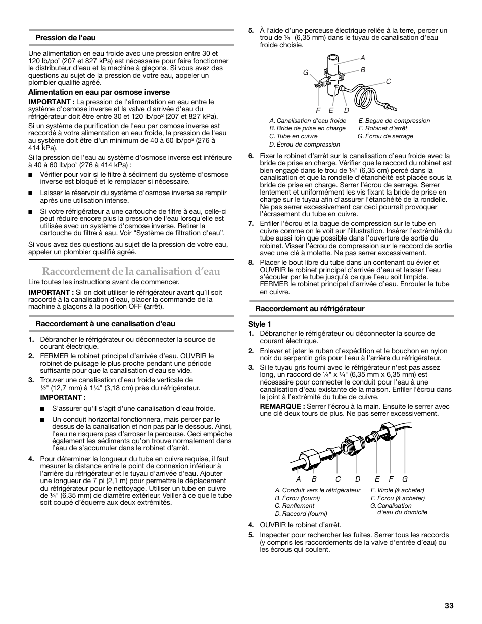 Raccordement de la canalisation d’eau | KITCHENAID 2318586 User Manual | Page 33 / 44