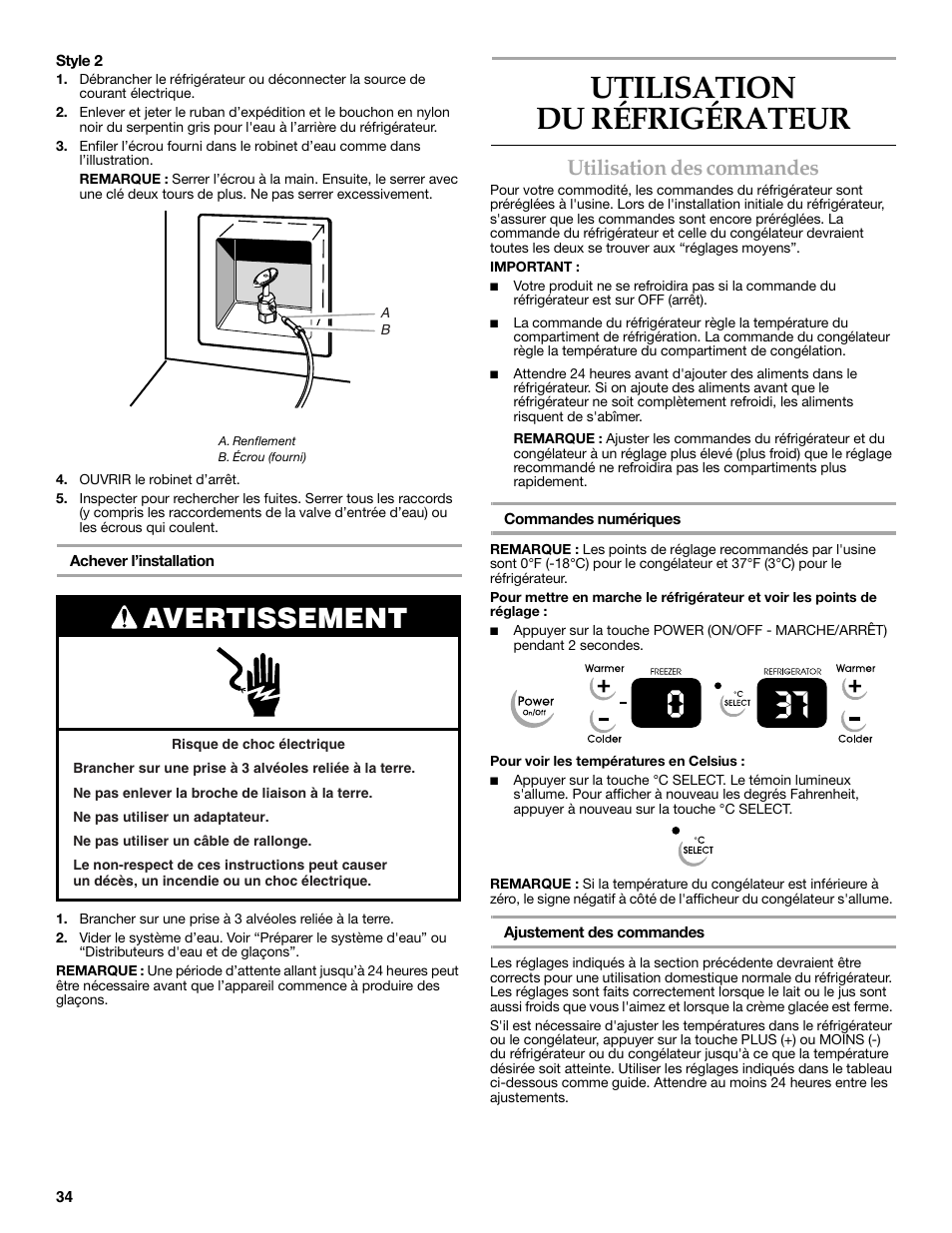 Utilisation du réfrigérateur, Avertissement, Utilisation des commandes | KITCHENAID 2318586 User Manual | Page 34 / 44