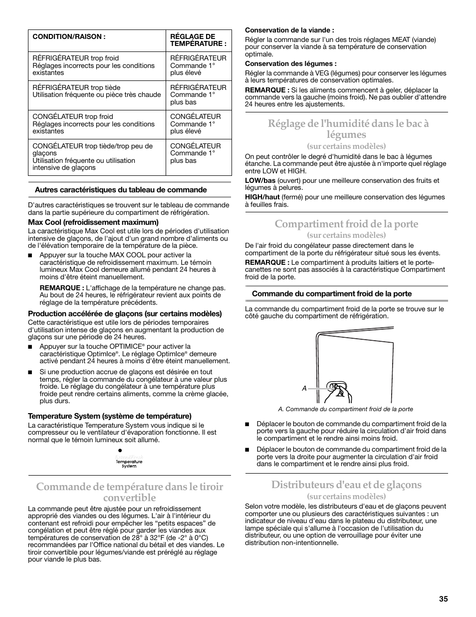 Commande de température dans le tiroir convertible, Réglage de l'humidité dans le bac à légumes, Compartiment froid de la porte | Distributeurs d'eau et de glaçons | KITCHENAID 2318586 User Manual | Page 35 / 44