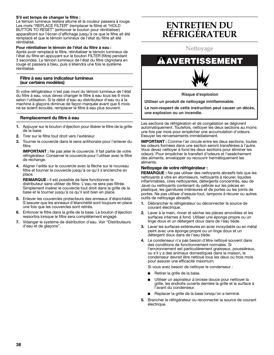 Entretien du réfrigérateur, Avertissement, Nettoyage | KITCHENAID 2318586 User Manual | Page 38 / 44