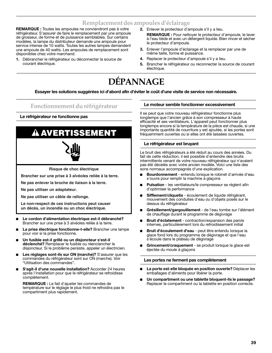 Dépannage, Avertissement, Remplacement des ampoules d’éclairage | Fonctionnement du réfrigérateur | KITCHENAID 2318586 User Manual | Page 39 / 44