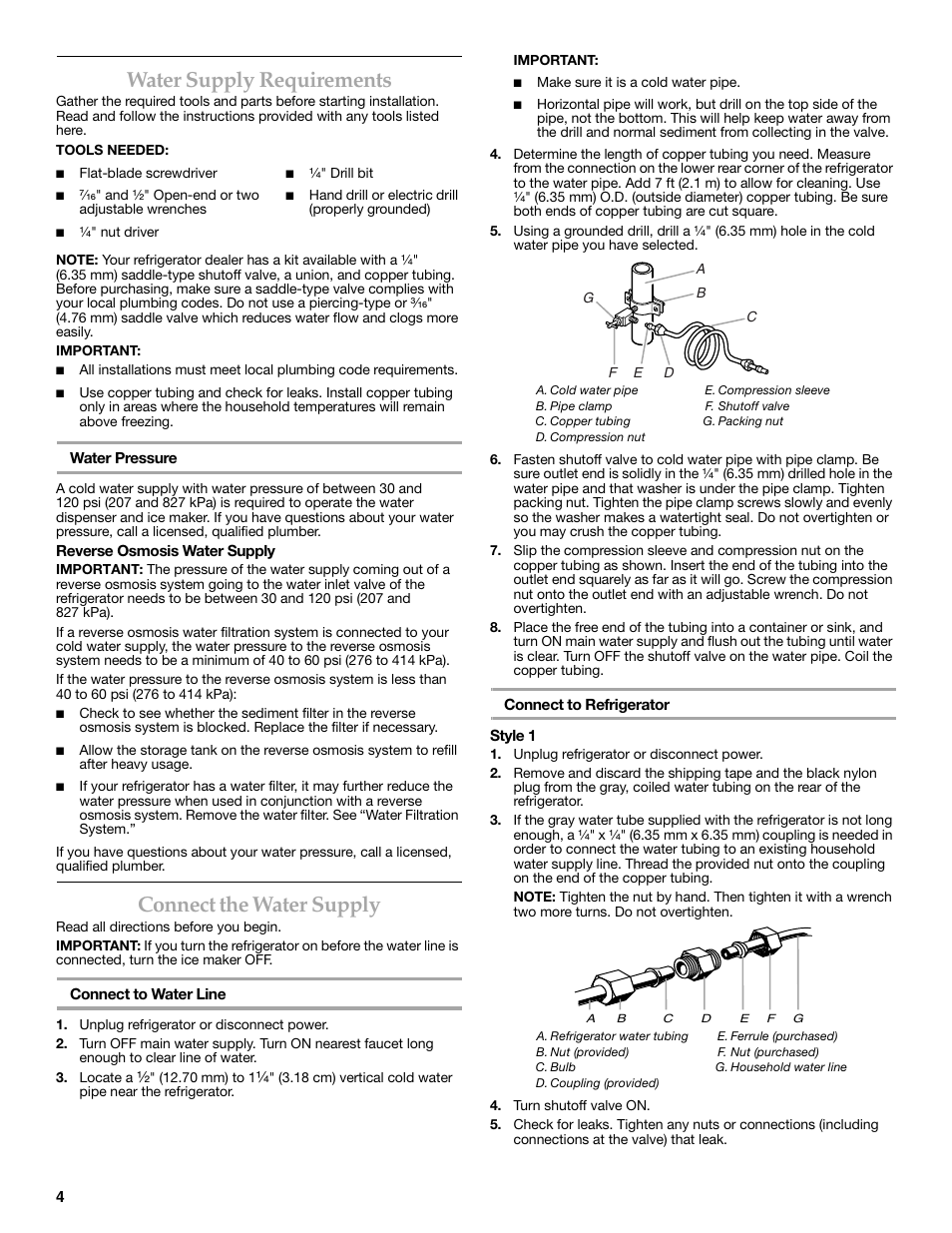 Water supply requirements, Connect the water supply | KITCHENAID 2318586 User Manual | Page 4 / 44