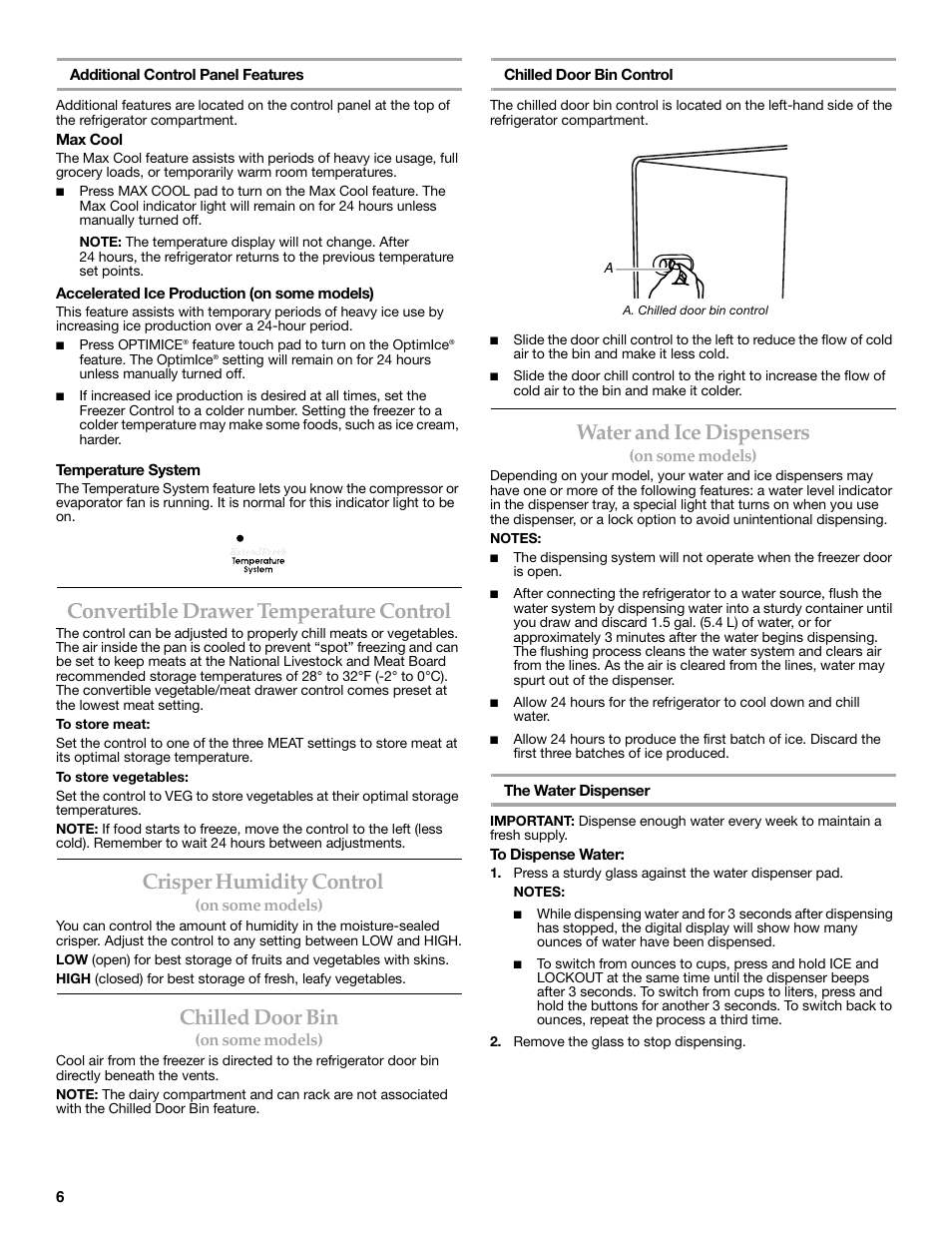 Convertible drawer temperature control, Crisper humidity control, Chilled door bin | Water and ice dispensers | KITCHENAID 2318586 User Manual | Page 6 / 44