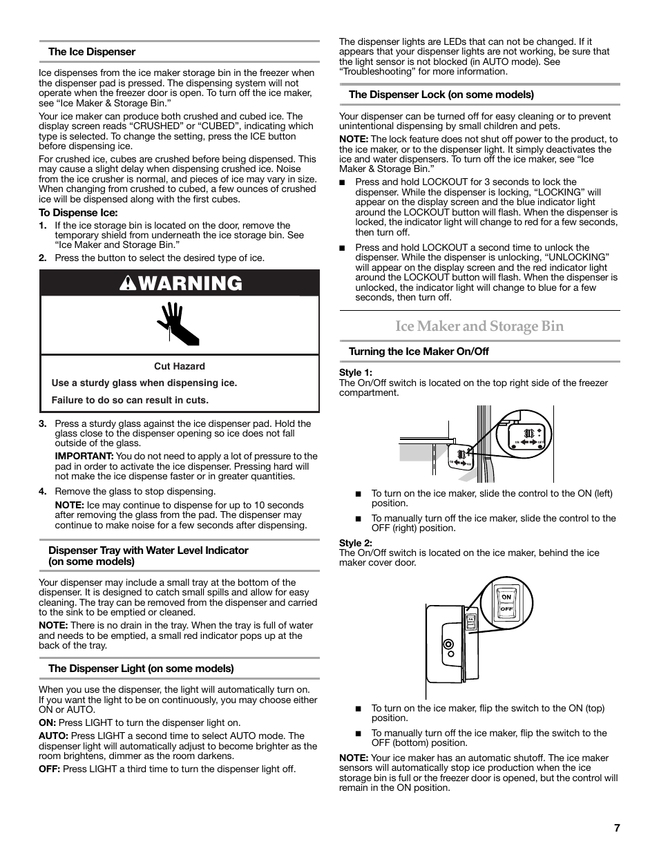 Warning, Ice maker and storage bin | KITCHENAID 2318586 User Manual | Page 7 / 44