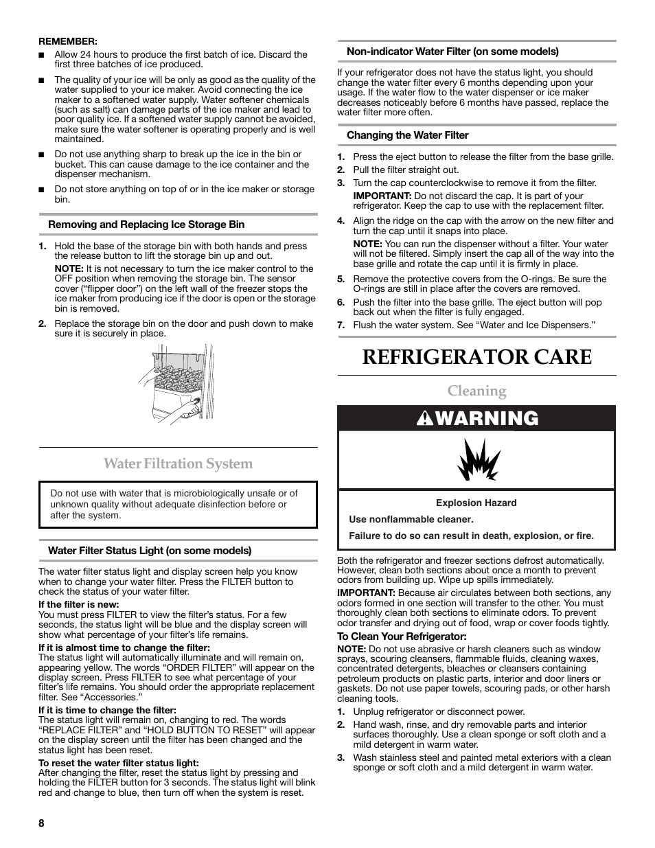 Refrigerator care, Warning, Water filtration system | Cleaning | KITCHENAID 2318586 User Manual | Page 8 / 44