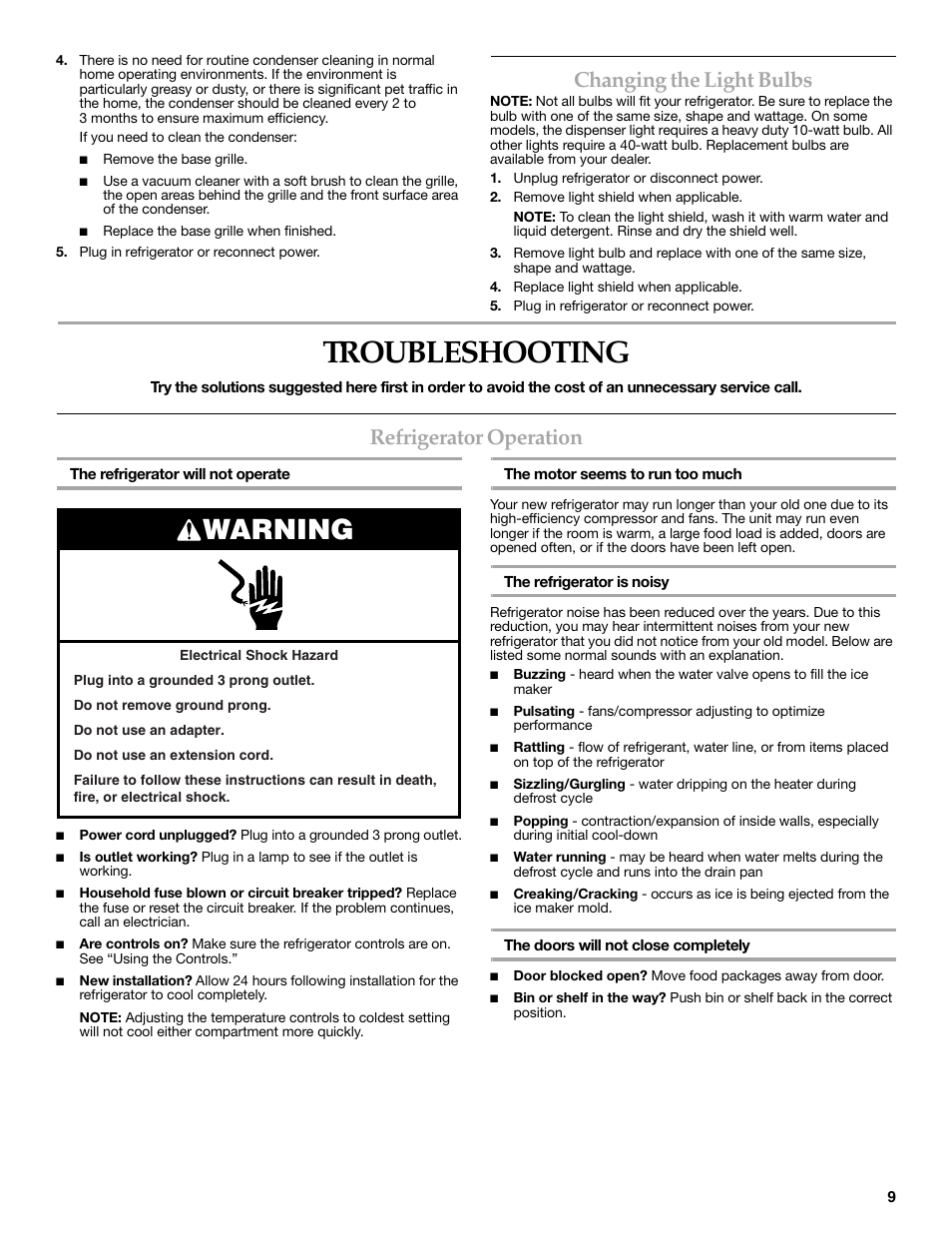 Troubleshooting, Warning, Changing the light bulbs | Refrigerator operation | KITCHENAID 2318586 User Manual | Page 9 / 44