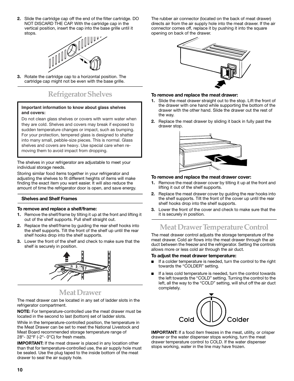 Refrigerator shelves, Meat drawer, Meat drawer temperature control | KITCHENAID SIDE BY SIDEBUILT-IN REFRIGERATOR User Manual | Page 10 / 64