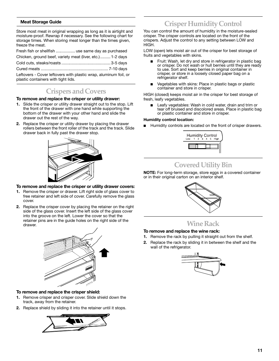 Crispers and covers, Crisper humidity control, Covered utility bin | Wine rack | KITCHENAID SIDE BY SIDEBUILT-IN REFRIGERATOR User Manual | Page 11 / 64