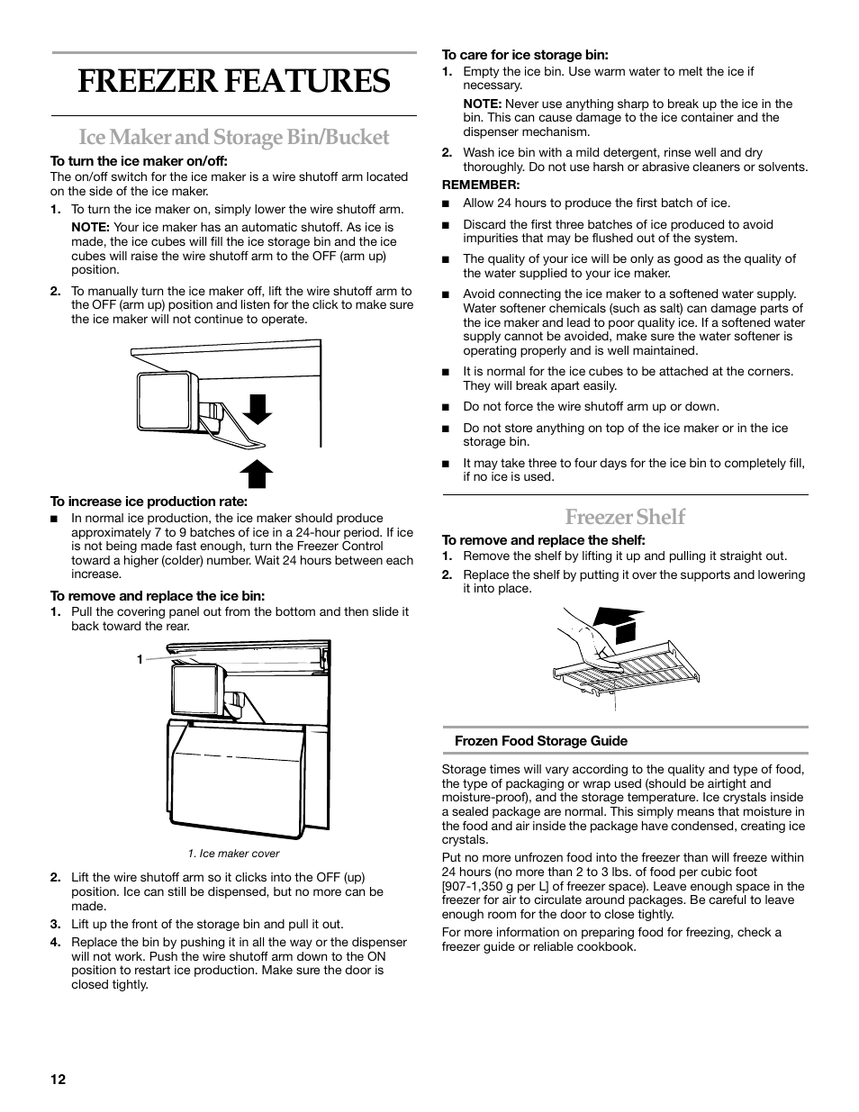 Freezer features, Ice maker and storage bin/bucket, Freezer shelf | KITCHENAID SIDE BY SIDEBUILT-IN REFRIGERATOR User Manual | Page 12 / 64
