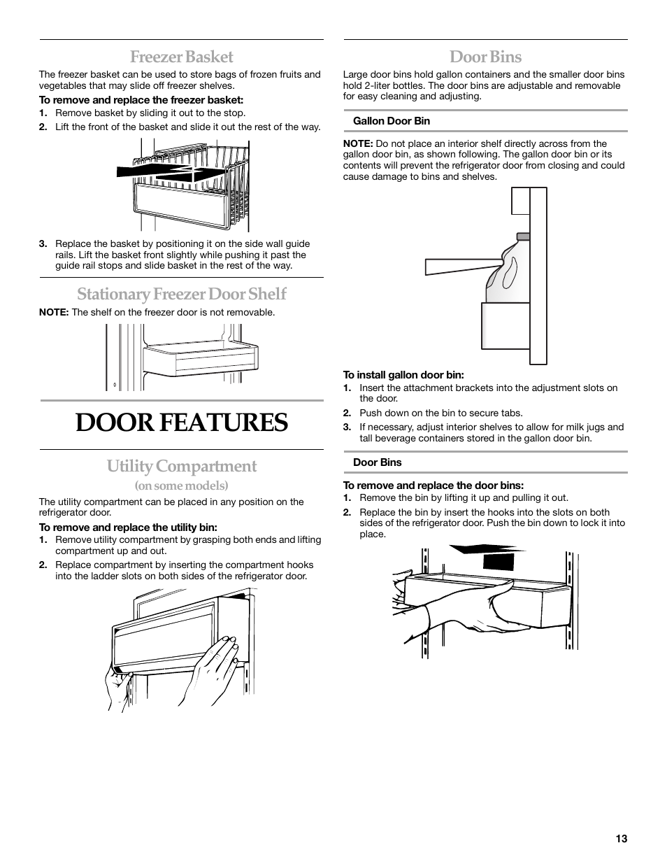 Door features, Freezer basket, Stationary freezer door shelf | Utility compartment, Door bins | KITCHENAID SIDE BY SIDEBUILT-IN REFRIGERATOR User Manual | Page 13 / 64
