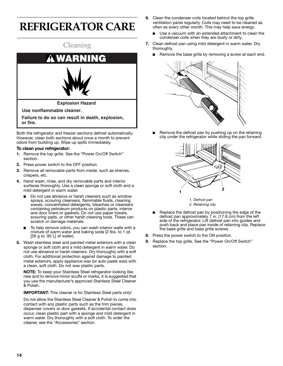 Refrigerator care, Cleaning | KITCHENAID SIDE BY SIDEBUILT-IN REFRIGERATOR User Manual | Page 14 / 64