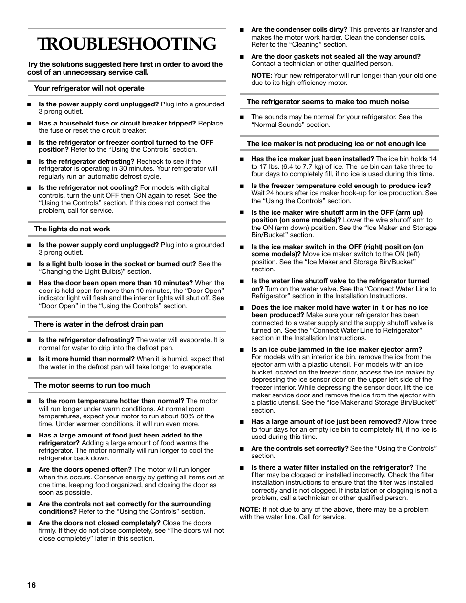 Troubleshooting | KITCHENAID SIDE BY SIDEBUILT-IN REFRIGERATOR User Manual | Page 16 / 64