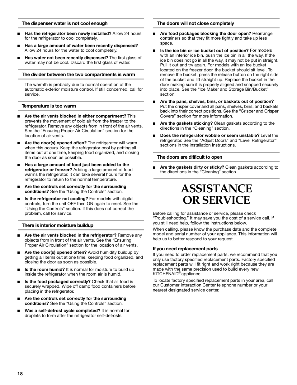 Assistance or service | KITCHENAID SIDE BY SIDEBUILT-IN REFRIGERATOR User Manual | Page 18 / 64