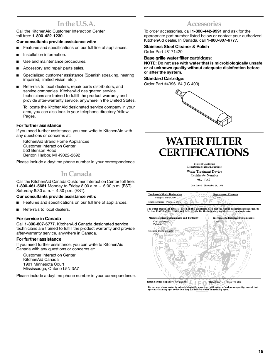 Water filter certifications, Accessories | KITCHENAID SIDE BY SIDEBUILT-IN REFRIGERATOR User Manual | Page 19 / 64