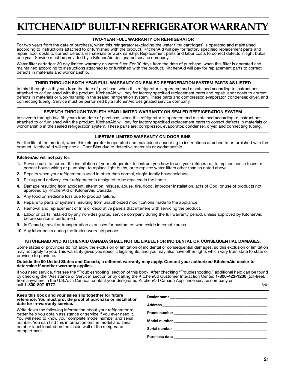 Warranty, Kitchenaid, Built-in refrigerator warranty | KITCHENAID SIDE BY SIDEBUILT-IN REFRIGERATOR User Manual | Page 21 / 64