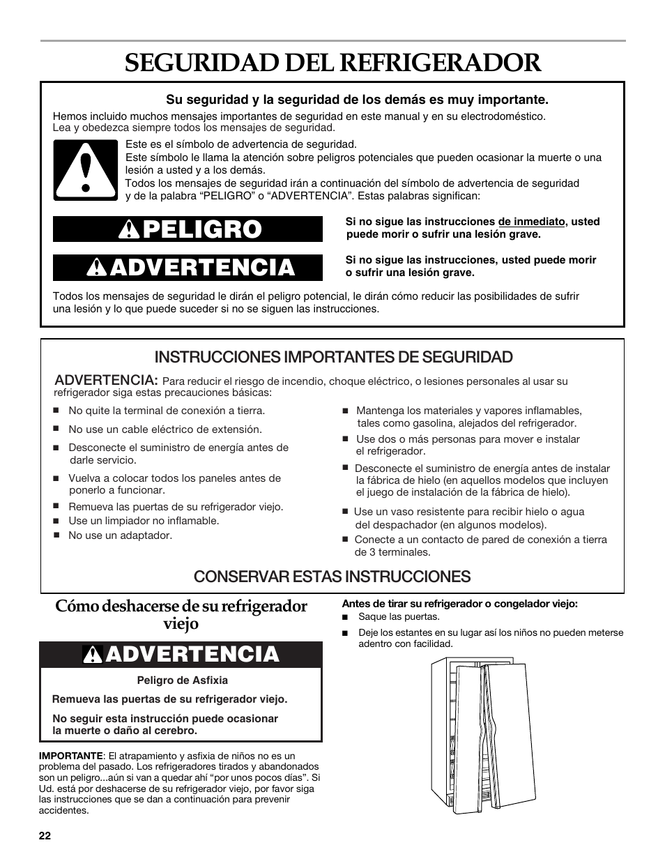 Spanish version, Seguridad del refrigerador, Peligro | Advertencia, Cómo deshacerse de su refrigerador viejo, Instrucciones importantes de seguridad, Conservar estas instrucciones | KITCHENAID SIDE BY SIDEBUILT-IN REFRIGERATOR User Manual | Page 22 / 64