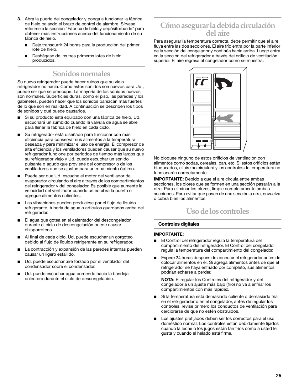 Sonidos normales, Cómo asegurar la debida circulación del aire, Uso de los controles | KITCHENAID SIDE BY SIDEBUILT-IN REFRIGERATOR User Manual | Page 25 / 64