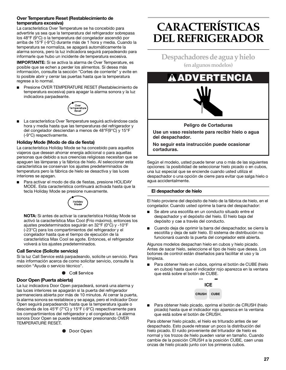 Características del refrigerador, Advertencia, Despachadores de agua y hielo | KITCHENAID SIDE BY SIDEBUILT-IN REFRIGERATOR User Manual | Page 27 / 64