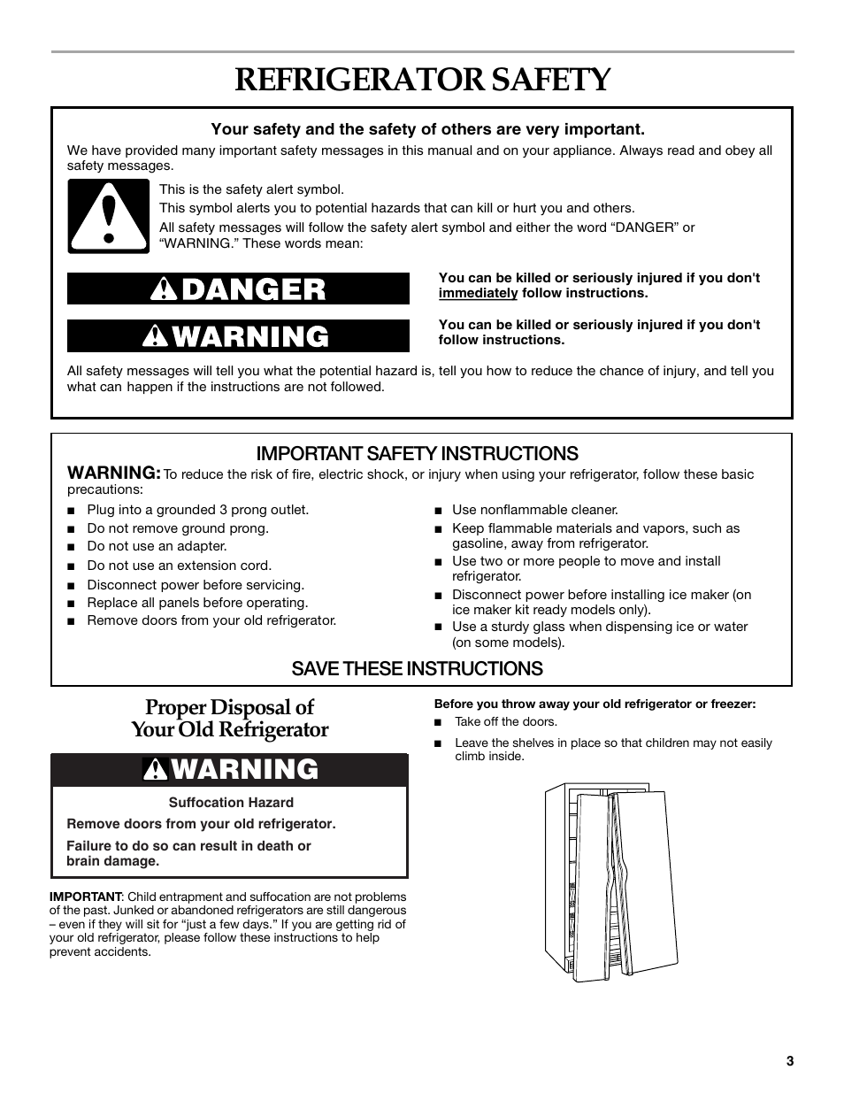 Refrigerator safety, Proper disposal of your old refrigerator, Important safety instructions | Save these instructions, Warning | KITCHENAID SIDE BY SIDEBUILT-IN REFRIGERATOR User Manual | Page 3 / 64